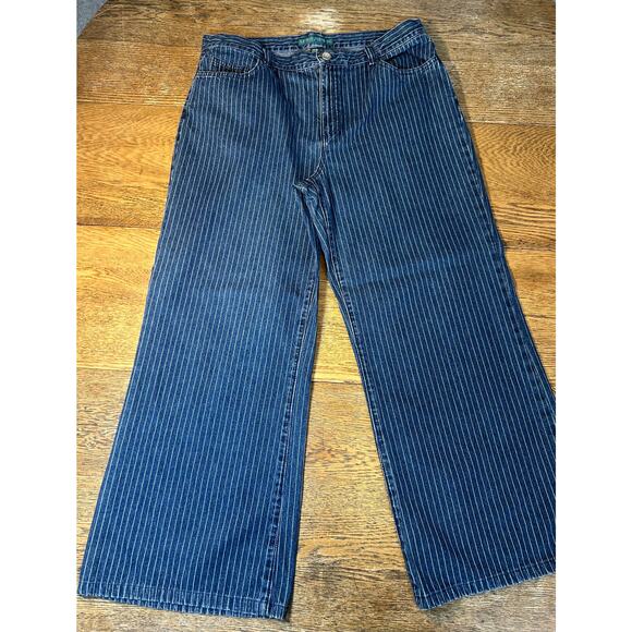 Vtg Lauren Jeans Co by Ralph Lauren Pin Stripe Dark Wash Jeans Wide Leg Sz 14 - Picture 1 of 10